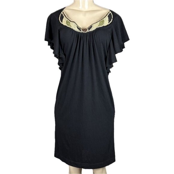 Jonathan Martin 8 Black Scoop Beaded Neck Short Flutter Sleeve Above Knee Dress - Picture 2 of 6